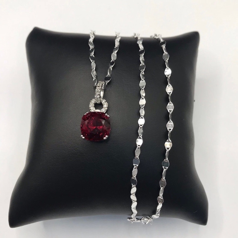 925 Sterling Silver Cushion Cut Ruby Pendant Necklace Size 18”